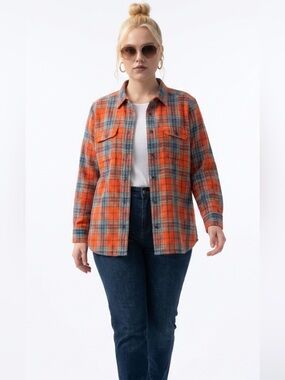 Ralph Lauren Orange and Blue Cotton Fall Plaid Flannel Button Down Shirt